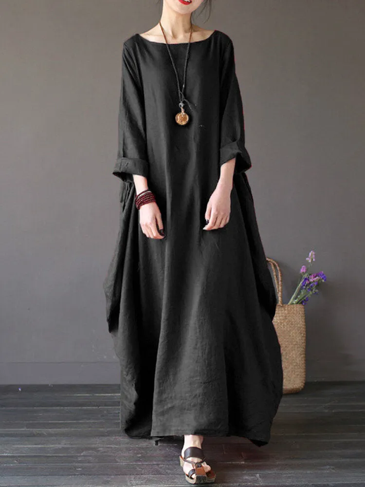 Casual Women Maxi Dress Loose Pure Color Baggy 3/4 Sleeve