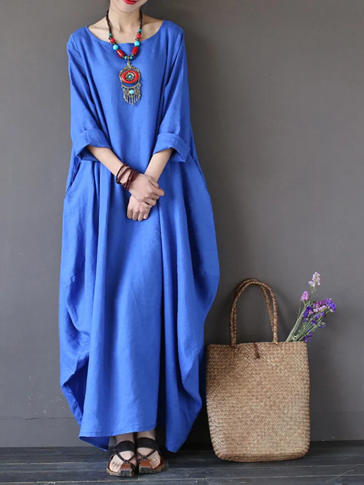 Casual Women Maxi Dress Loose Pure Color Baggy 3/4 Sleeve