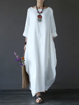 Casual Women Maxi Dress Loose Pure Color Baggy 3/4 Sleeve