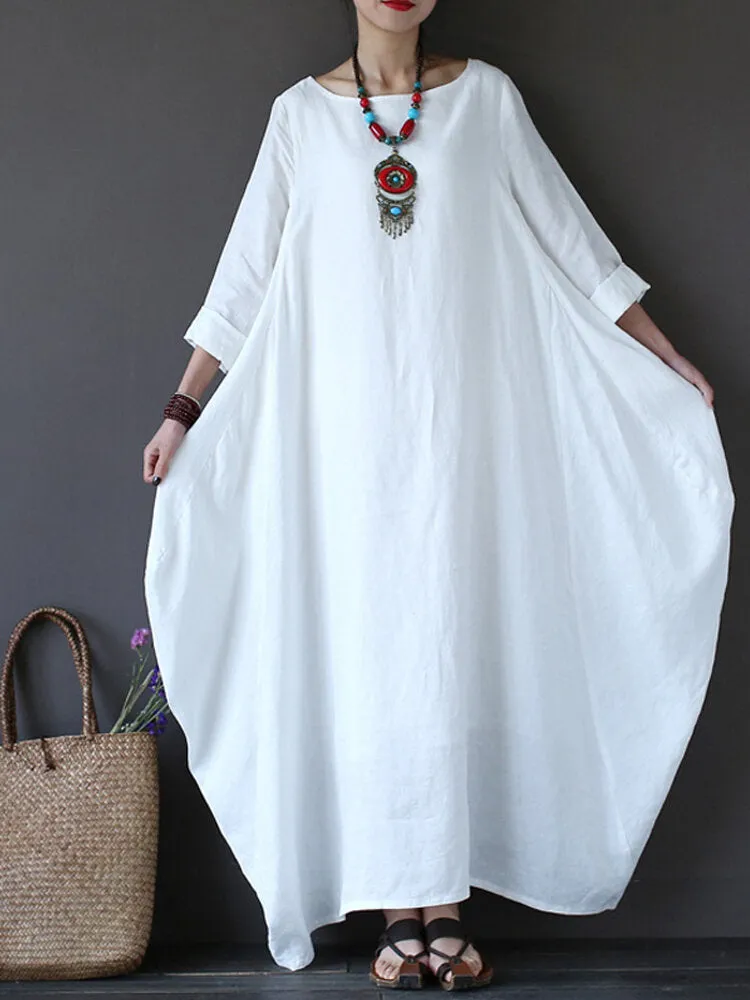 Casual Women Maxi Dress Loose Pure Color Baggy 3/4 Sleeve