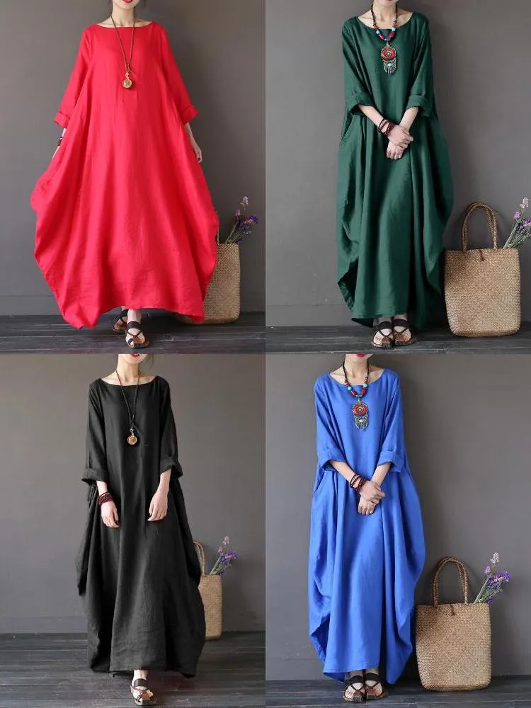 Casual Women Maxi Dress Loose Pure Color Baggy 3/4 Sleeve