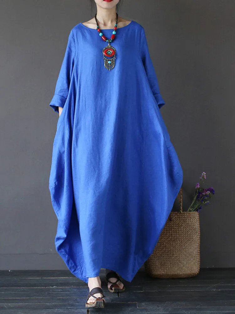 Casual Women Maxi Dress Loose Pure Color Baggy 3/4 Sleeve