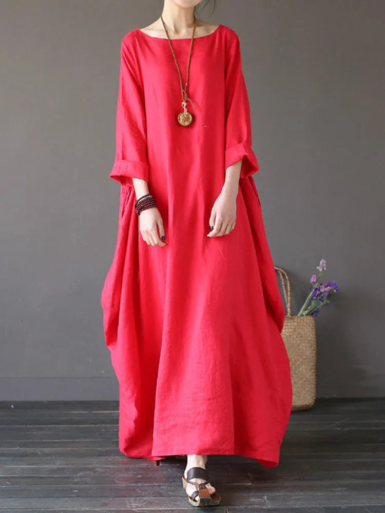 Casual Women Maxi Dress Loose Pure Color Baggy 3/4 Sleeve