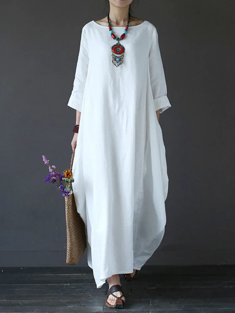 Casual Women Maxi Dress Loose Pure Color Baggy 3/4 Sleeve