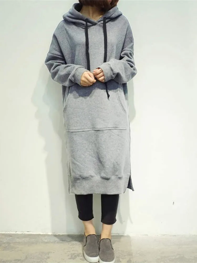 Casual Women Solid Color Long Sleeve Split Hem Pocket Hoodie Dress