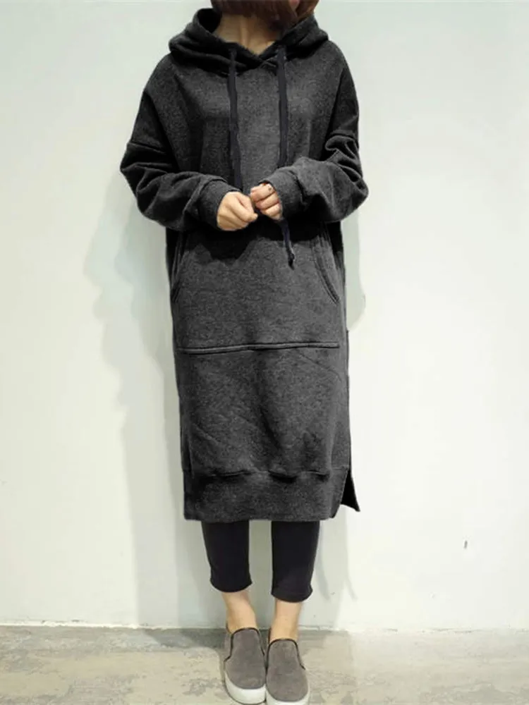 Casual Women Solid Color Long Sleeve Split Hem Pocket Hoodie Dress