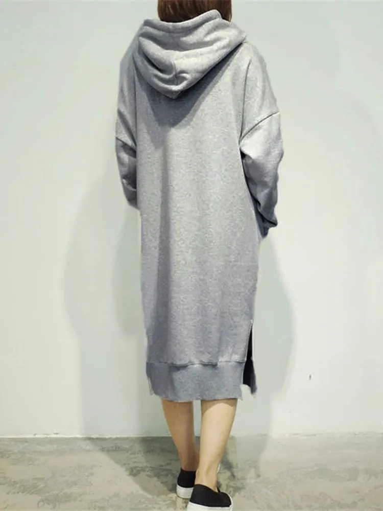 Casual Women Solid Color Long Sleeve Split Hem Pocket Hoodie Dress