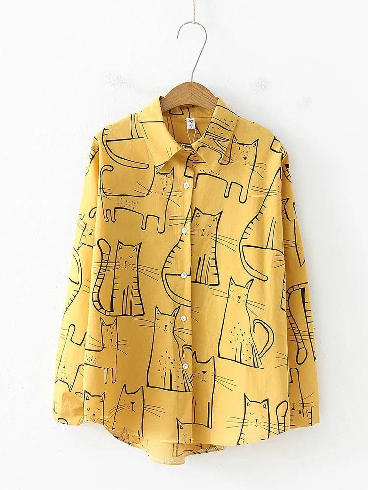 Cat Print Lapel Long Sleeve Loose Casual Blouse For Women