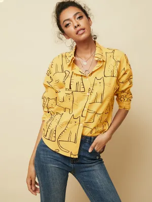 Cat Print Lapel Long Sleeve Loose Casual Blouse For Women