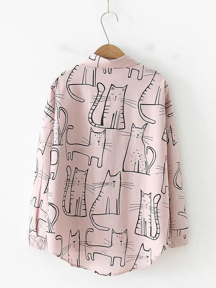Cat Print Lapel Long Sleeve Loose Casual Blouse For Women
