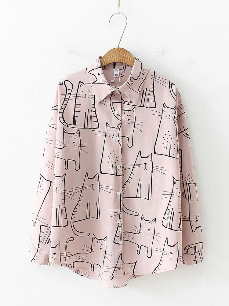 Cat Print Lapel Long Sleeve Loose Casual Blouse For Women