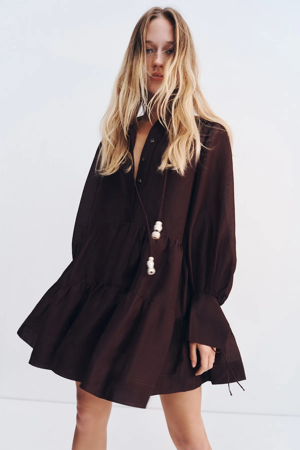 CELESTE TIERED MINI DRESS - GANACHE