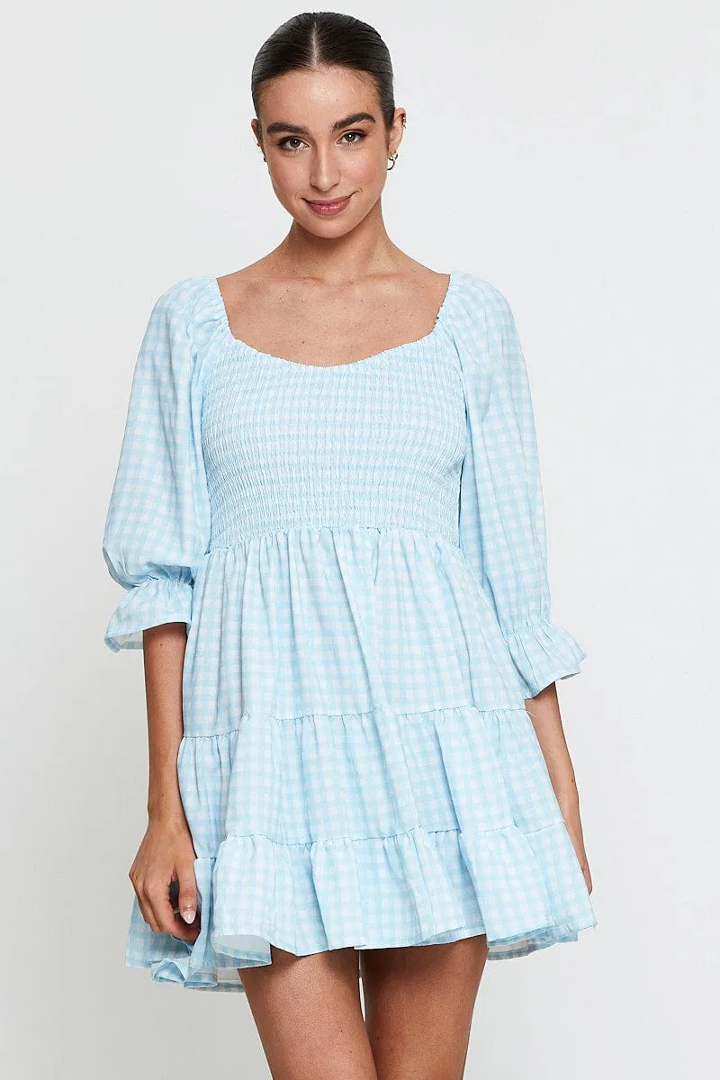 Check Fit And Flare Dress Long Sleeve Sweetheart Neck