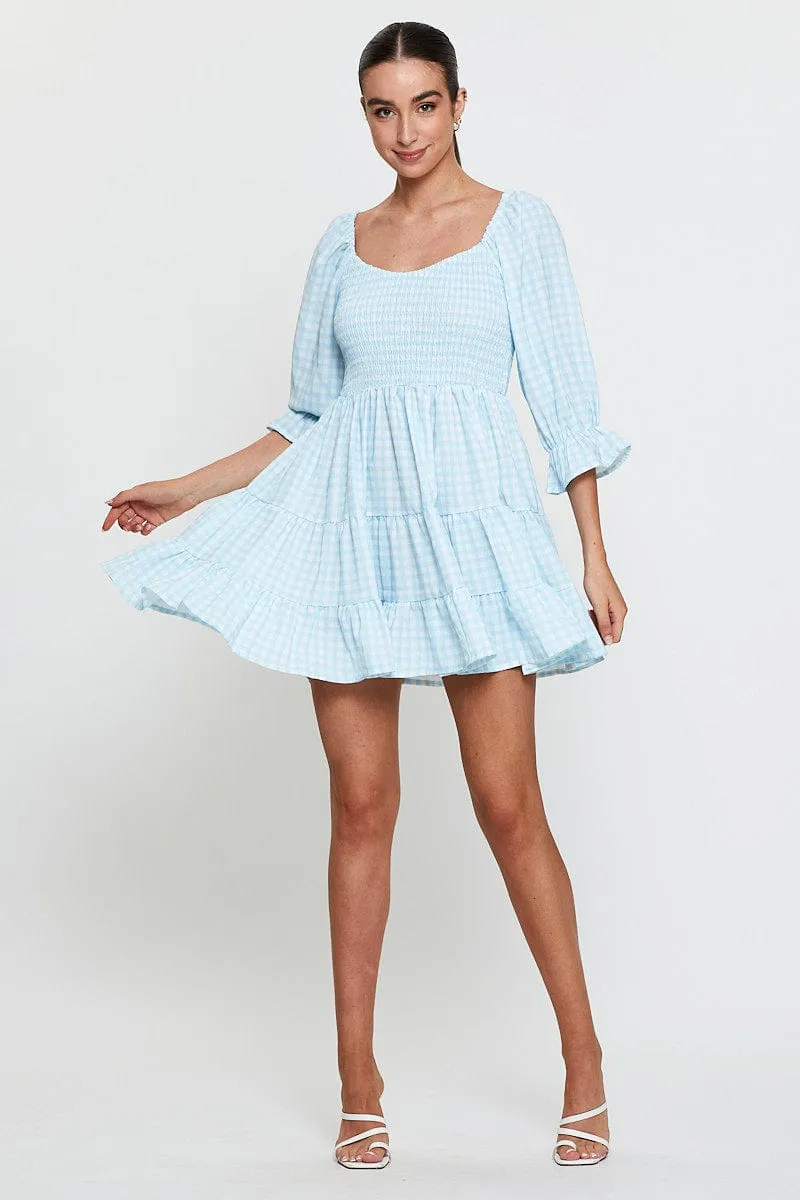Check Fit And Flare Dress Long Sleeve Sweetheart Neck
