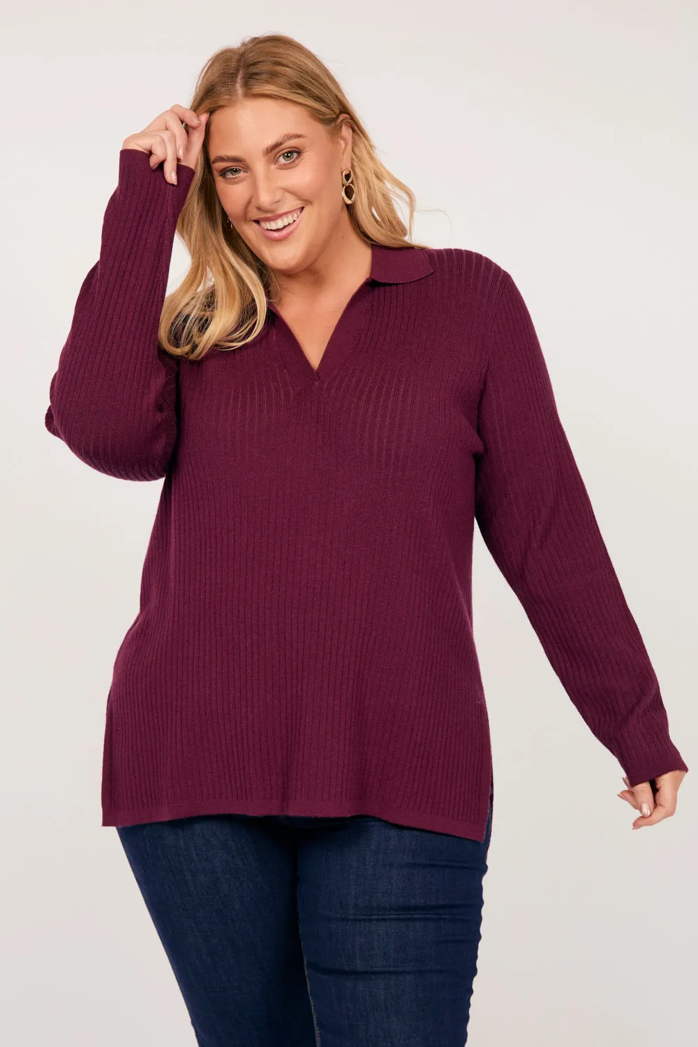Collared Knitted Top in Plum