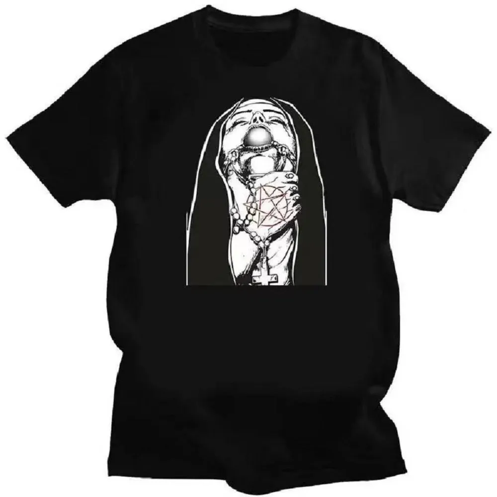 Comfort Funny Tee Shirt Print Satanic Nun