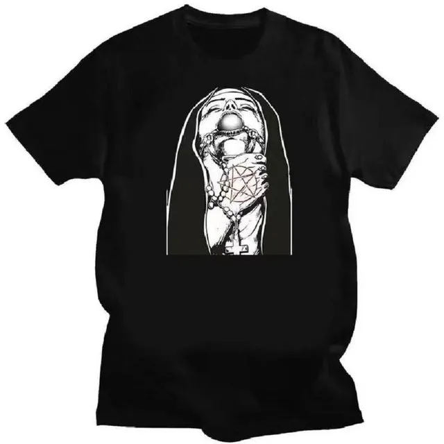 Comfort Funny Tee Shirt Print Satanic Nun