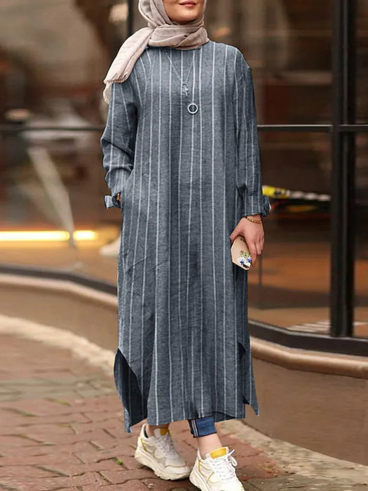 Conservative Straight Long Skirt Ankle Length Kaftan Pocket Women Maxi Dress