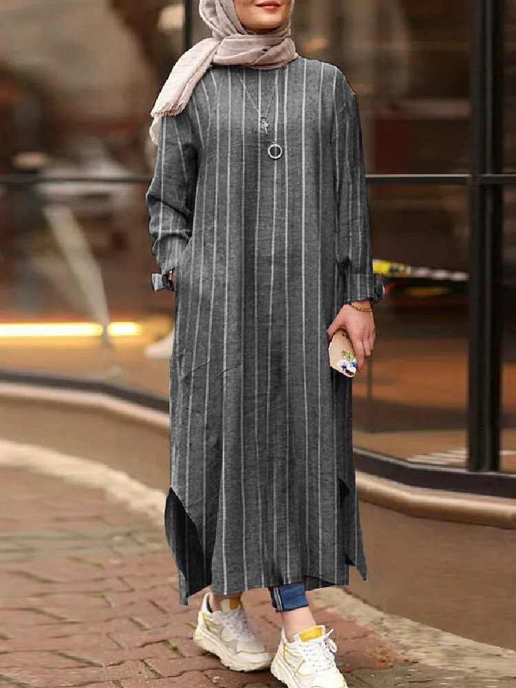 Conservative Straight Long Skirt Ankle Length Kaftan Pocket Women Maxi Dress