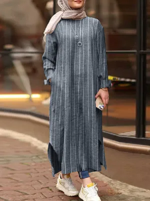 Conservative Straight Long Skirt Ankle Length Kaftan Pocket Women Maxi Dress