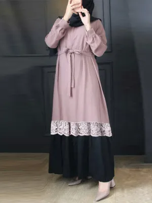 Contrast Color Patchwork Round Neck Casual Puff Sleeve Women Maxi Dress