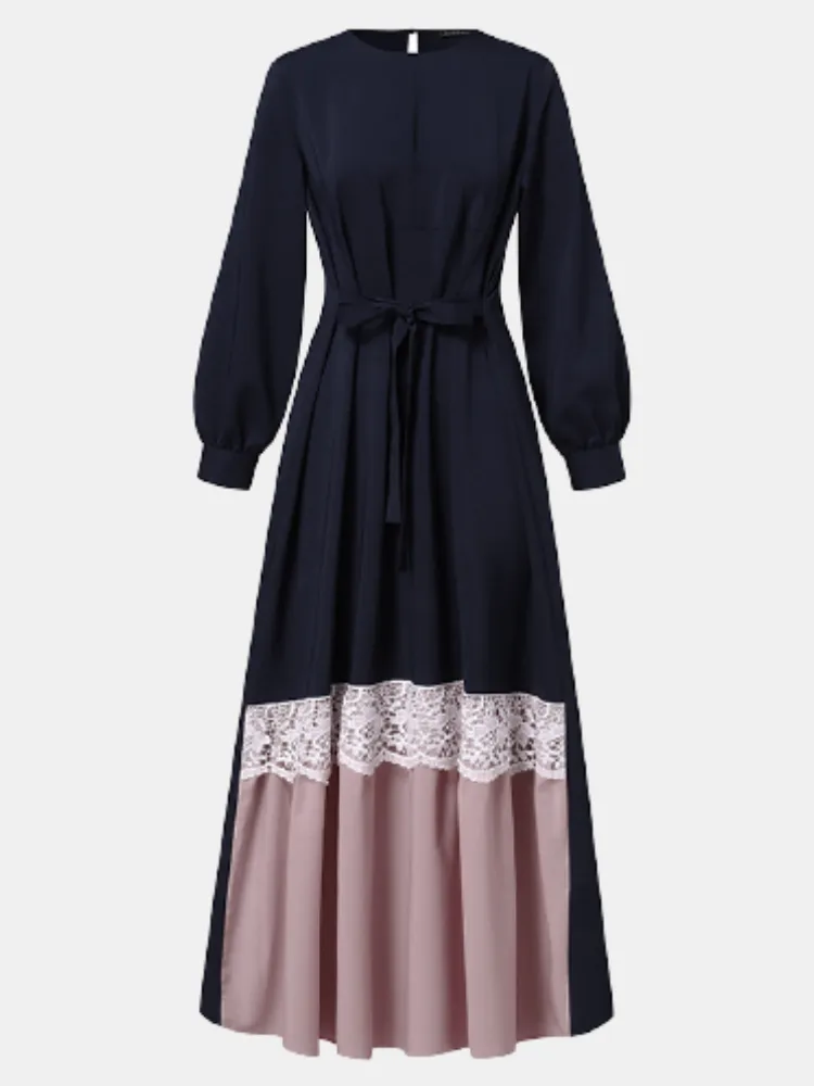 Contrast Color Patchwork Round Neck Casual Puff Sleeve Women Maxi Dress