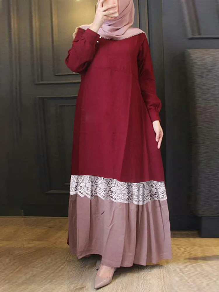 Contrast Color Patchwork Round Neck Casual Puff Sleeve Women Maxi Dress