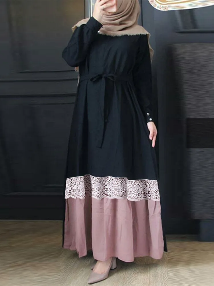 Contrast Color Patchwork Round Neck Casual Puff Sleeve Women Maxi Dress