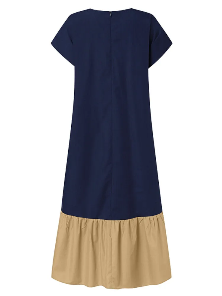 Contrast Color Spliced O-neck Short Sleeve Back Zipper Plain Casual Women Maxi Dress