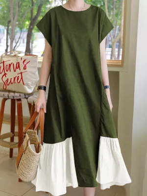 Contrast Color Spliced O-neck Short Sleeve Back Zipper Plain Casual Women Maxi Dress