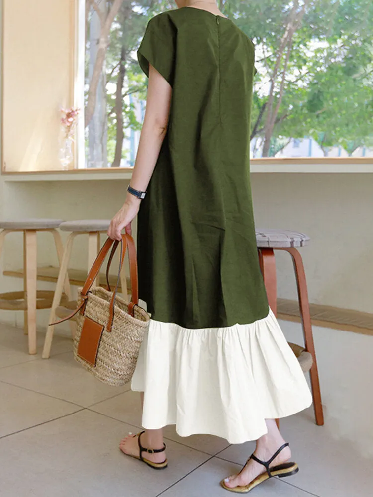 Contrast Color Spliced O-neck Short Sleeve Back Zipper Plain Casual Women Maxi Dress