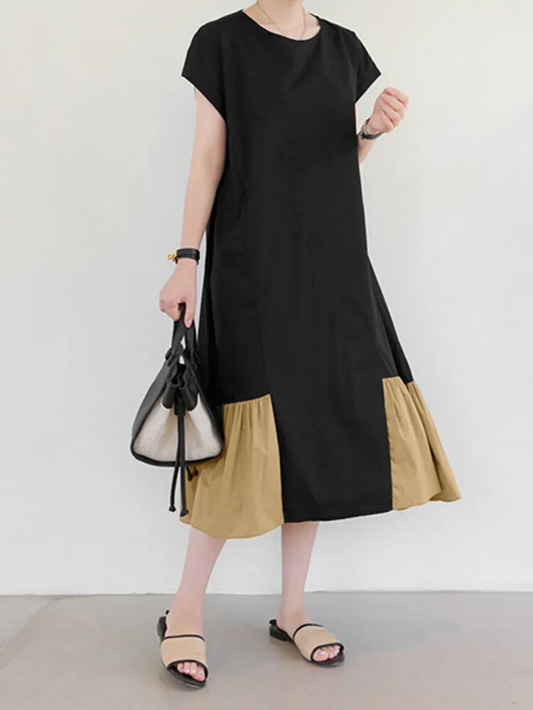 Contrast Color Spliced O-neck Short Sleeve Back Zipper Plain Casual Women Maxi Dress
