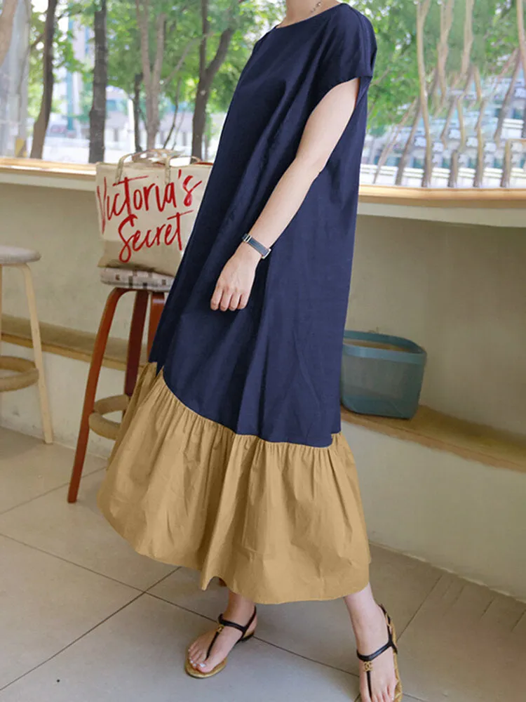 Contrast Color Spliced O-neck Short Sleeve Back Zipper Plain Casual Women Maxi Dress