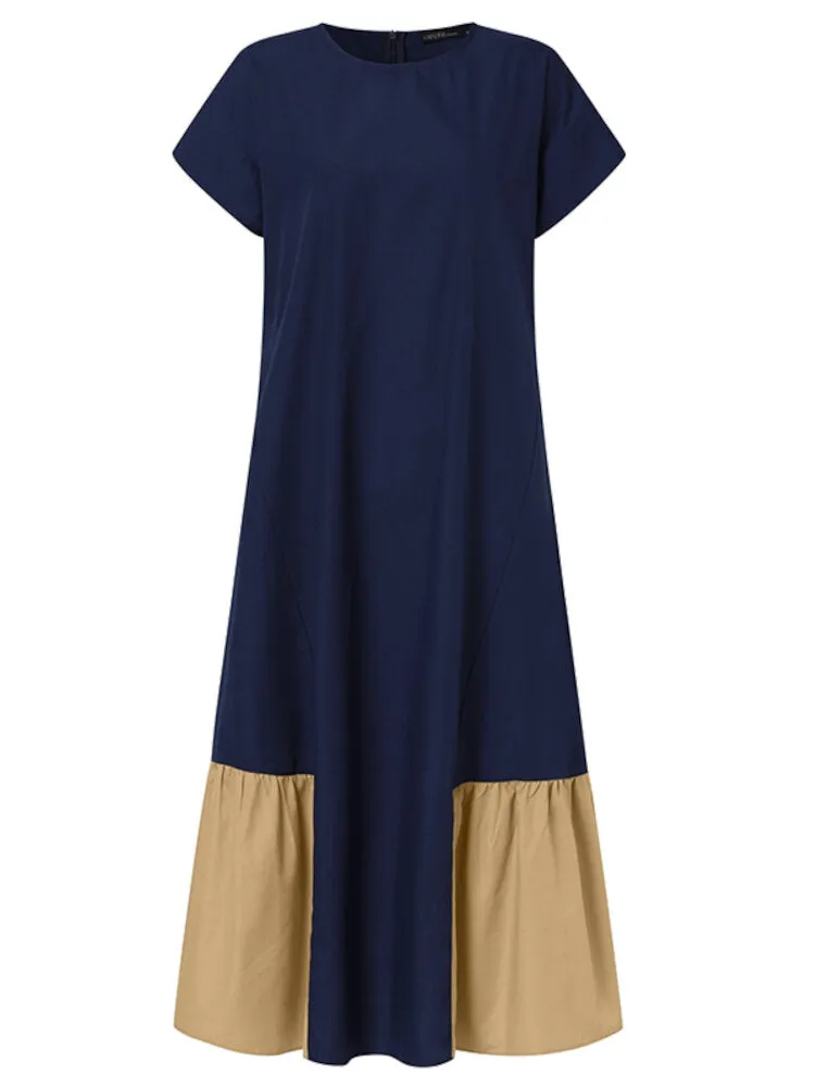 Contrast Color Spliced O-neck Short Sleeve Back Zipper Plain Casual Women Maxi Dress