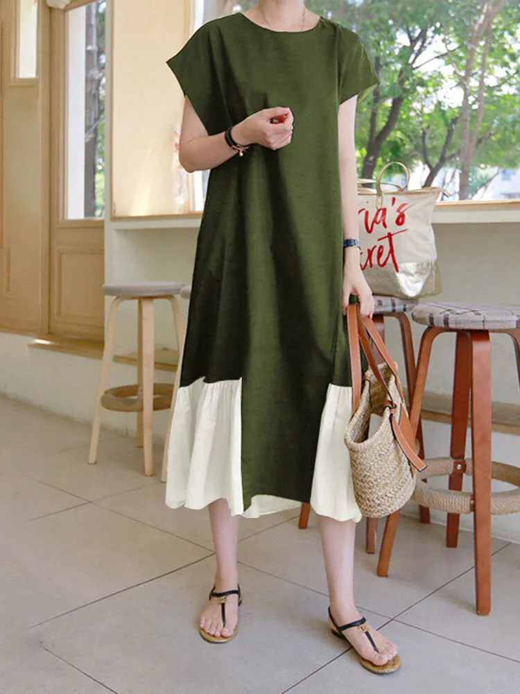 Contrast Color Spliced O-neck Short Sleeve Back Zipper Plain Casual Women Maxi Dress