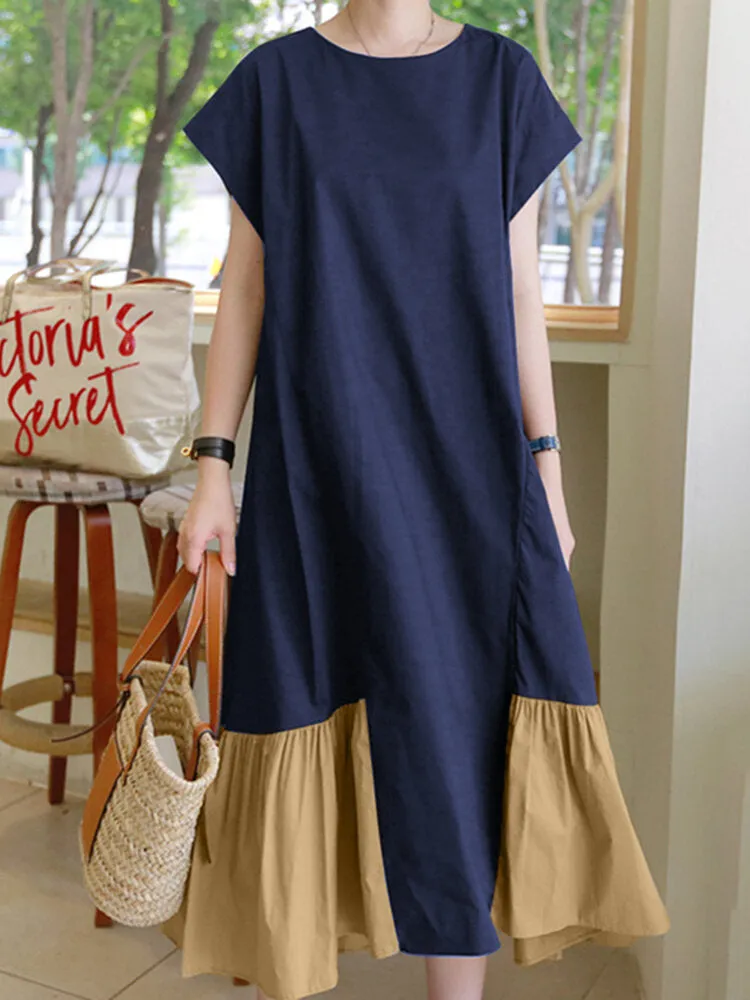 Contrast Color Spliced O-neck Short Sleeve Back Zipper Plain Casual Women Maxi Dress