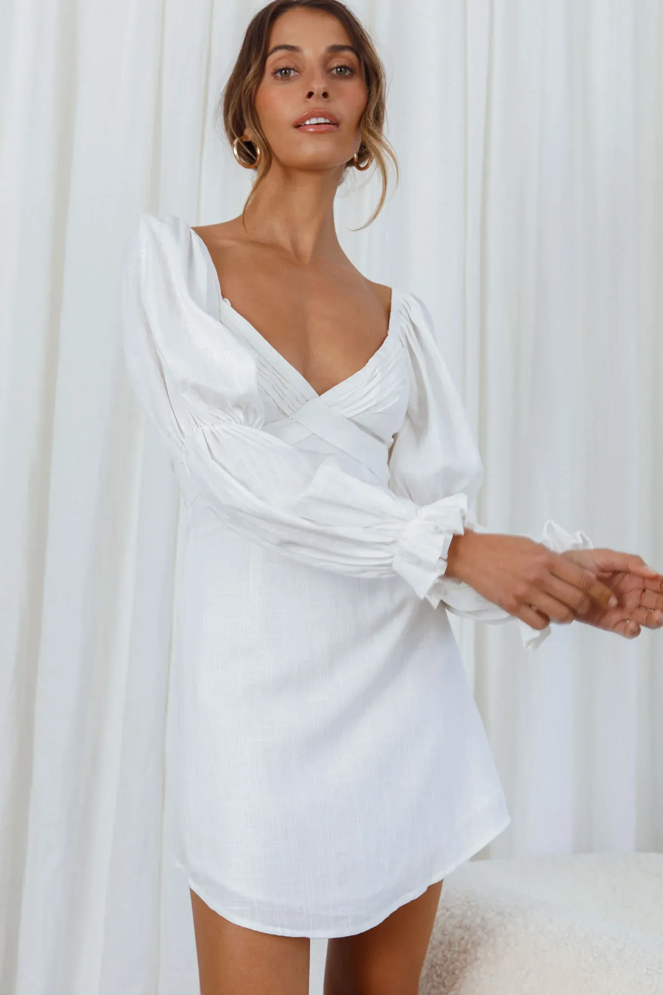 Corina Pleated Bust Long Sleeve V-Back Dress White