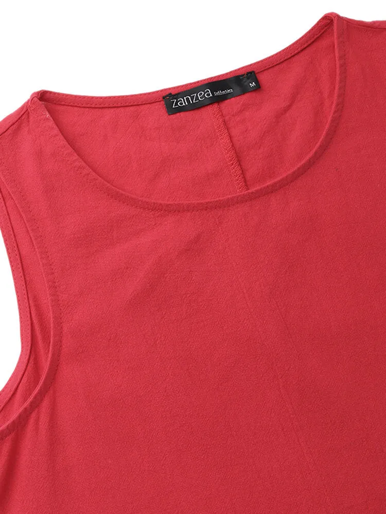 Cotton Casual O-neck Pure Color Sleeveless Women Maxi Dress