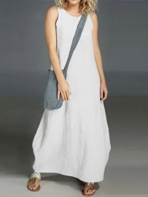 Cotton Casual O-neck Pure Color Sleeveless Women Maxi Dress