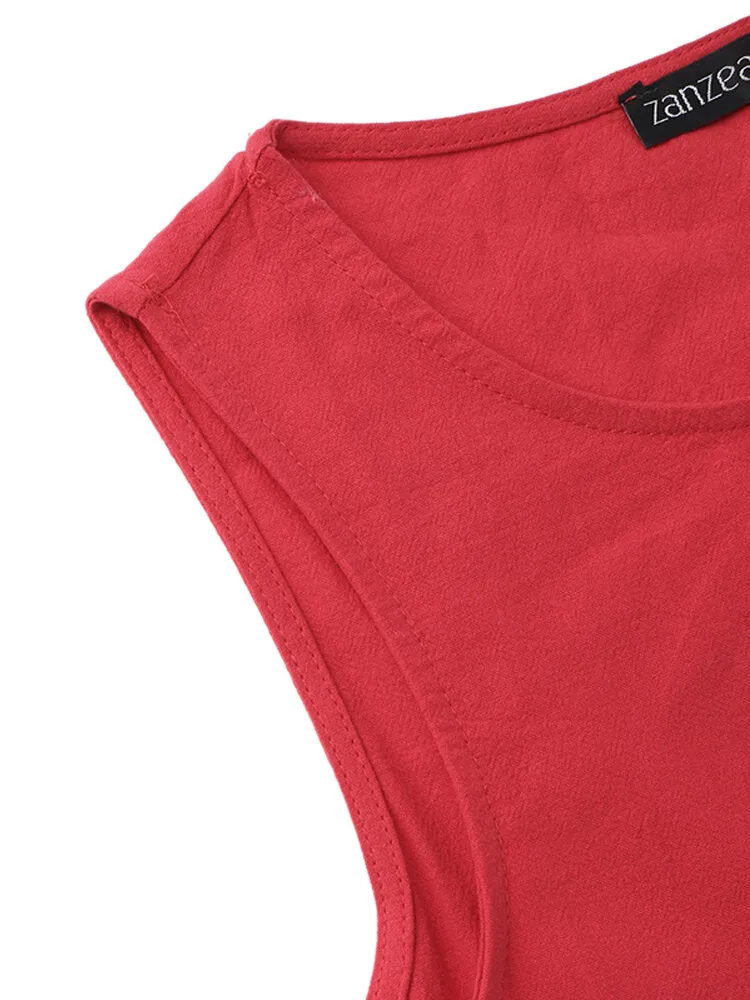 Cotton Casual O-neck Pure Color Sleeveless Women Maxi Dress