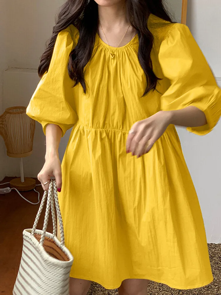 Cotton Plain Puff Sleeve O-neck Holiday Casual Women Mini Dresses
