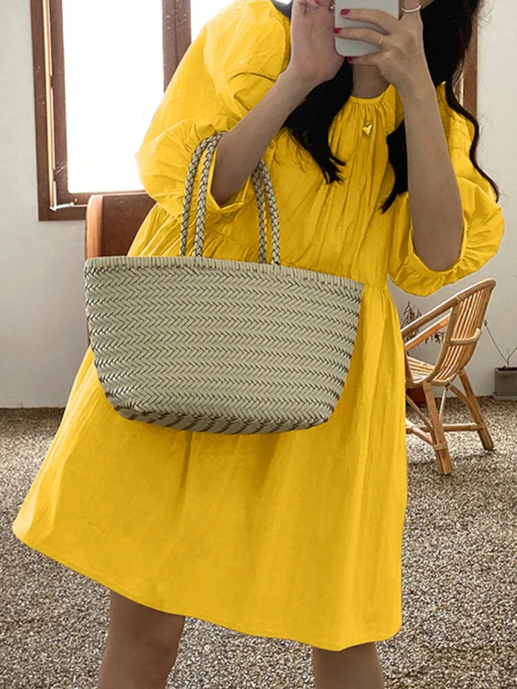 Cotton Plain Puff Sleeve O-neck Holiday Casual Women Mini Dresses