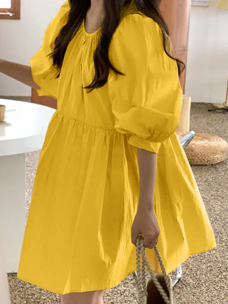 Cotton Plain Puff Sleeve O-neck Holiday Casual Women Mini Dresses
