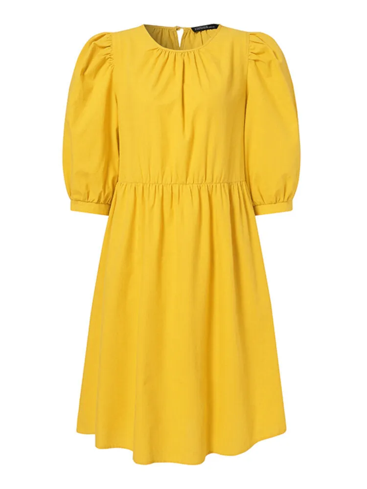 Cotton Plain Puff Sleeve O-neck Holiday Casual Women Mini Dresses