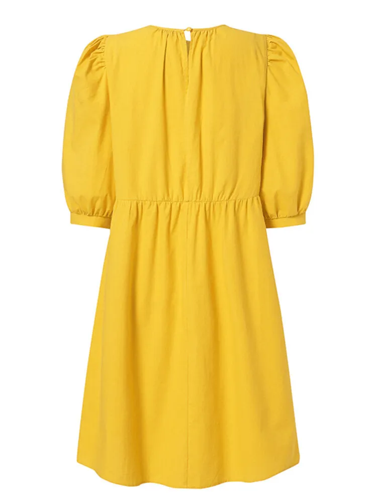 Cotton Plain Puff Sleeve O-neck Holiday Casual Women Mini Dresses