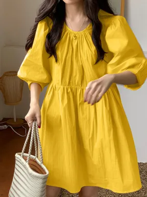 Cotton Plain Puff Sleeve O-neck Holiday Casual Women Mini Dresses