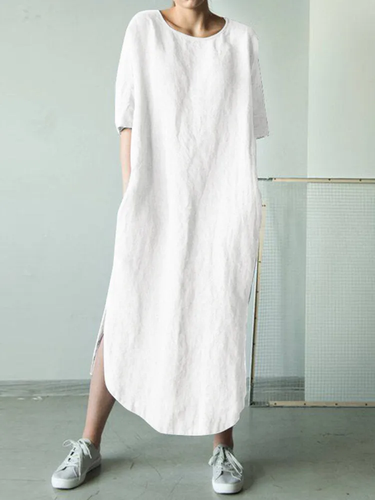 Cotton Pure Color Loose Half Sleeve Pockets Women Maxi Dress