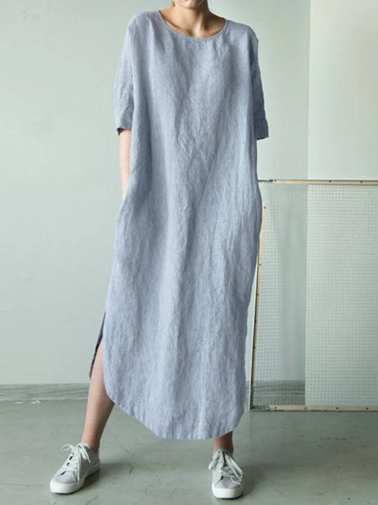 Cotton Pure Color Loose Half Sleeve Pockets Women Maxi Dress