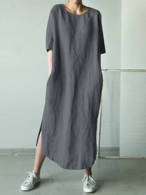 Cotton Pure Color Loose Half Sleeve Pockets Women Maxi Dress