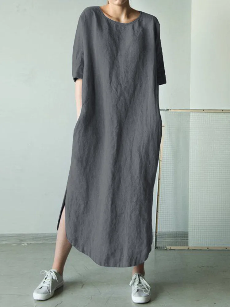 Cotton Pure Color Loose Half Sleeve Pockets Women Maxi Dress